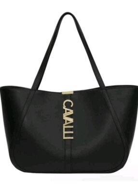 Cavalli Class Black Leather Sandra Shopper with Gold Logo Detail New